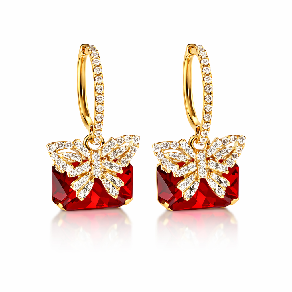 Luxury Red Crystal Bow Drop Earrings for Women | Elegant Gold Statement Earrings