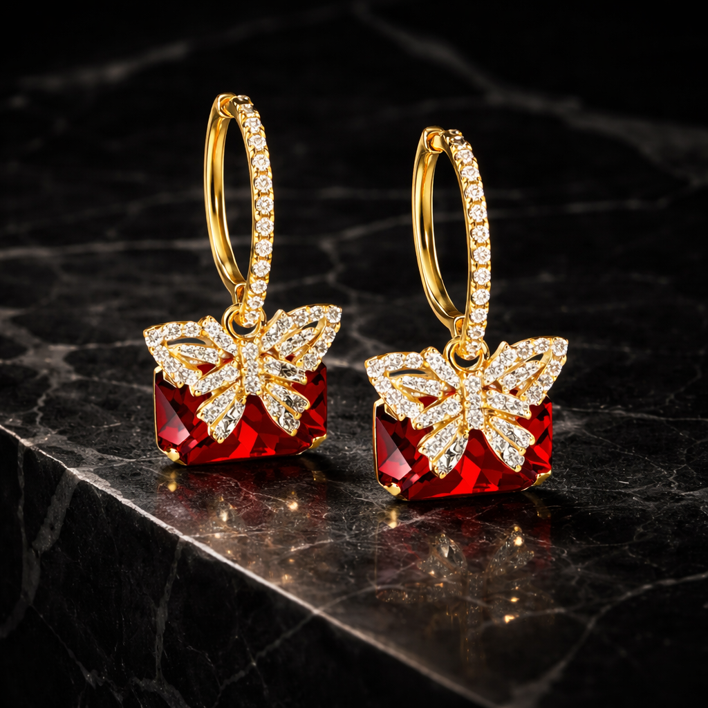 Luxury Red Crystal Bow Drop Earrings for Women | Elegant Gold Statement Earrings