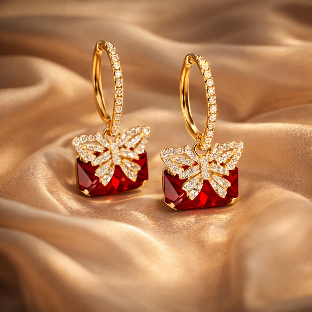 Luxury Red Crystal Bow Drop Earrings for Women | Elegant Gold Statement Earrings