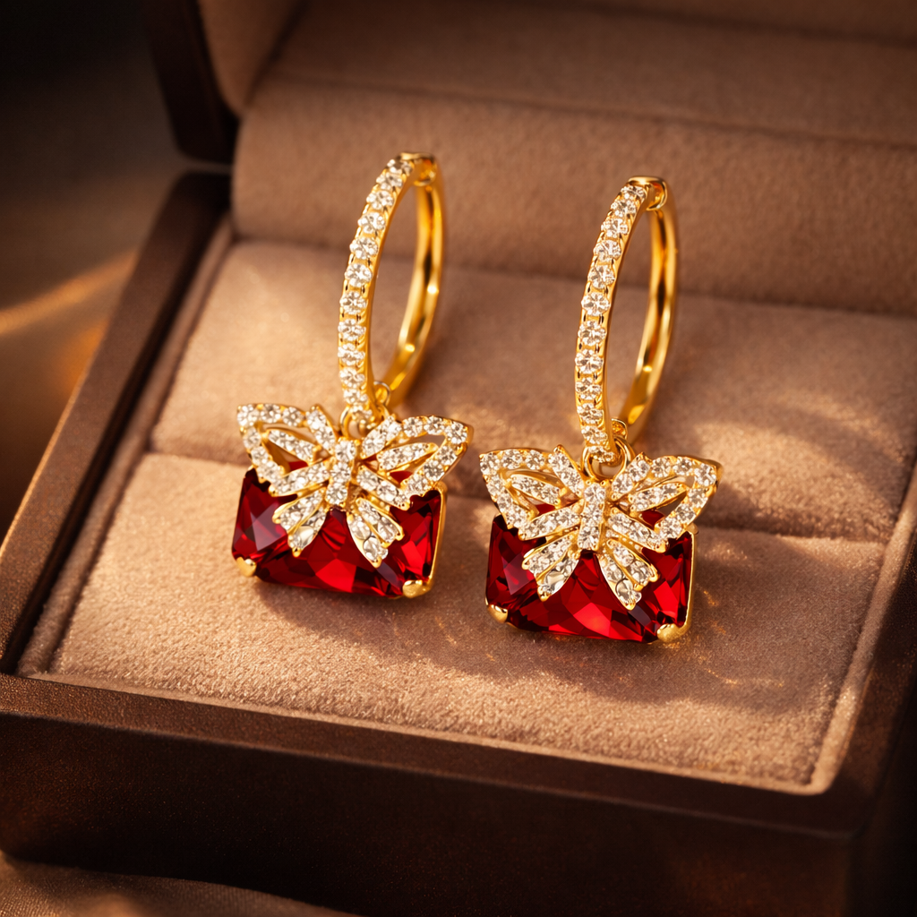 Luxury Red Crystal Bow Drop Earrings for Women | Elegant Gold Statement Earrings