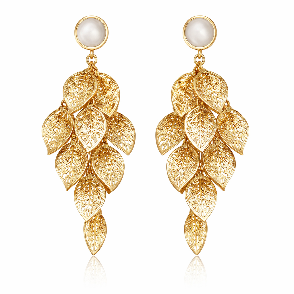 Luxury Gold Leaf Cascade Drop Earrings for Women | Elegant Statement Earrings