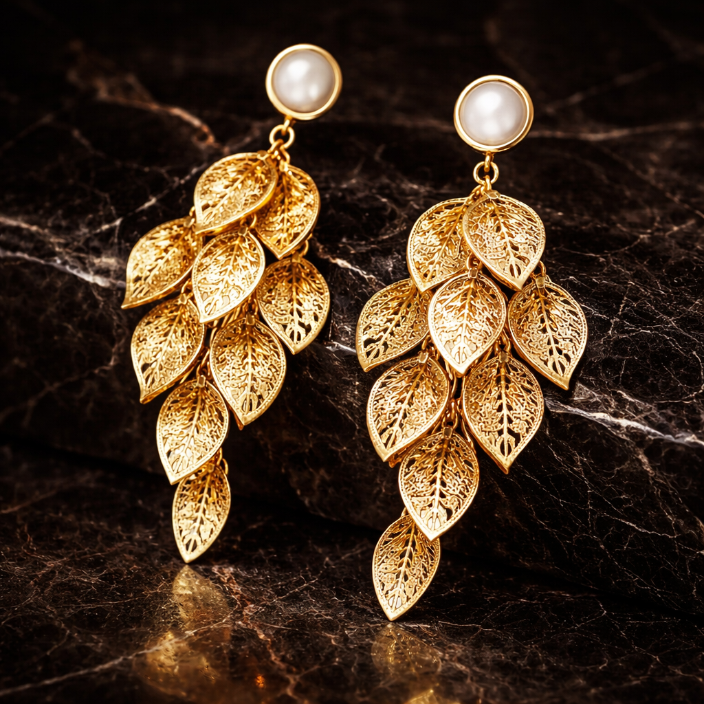 Luxury Gold Leaf Cascade Drop Earrings for Women | Elegant Statement Earrings