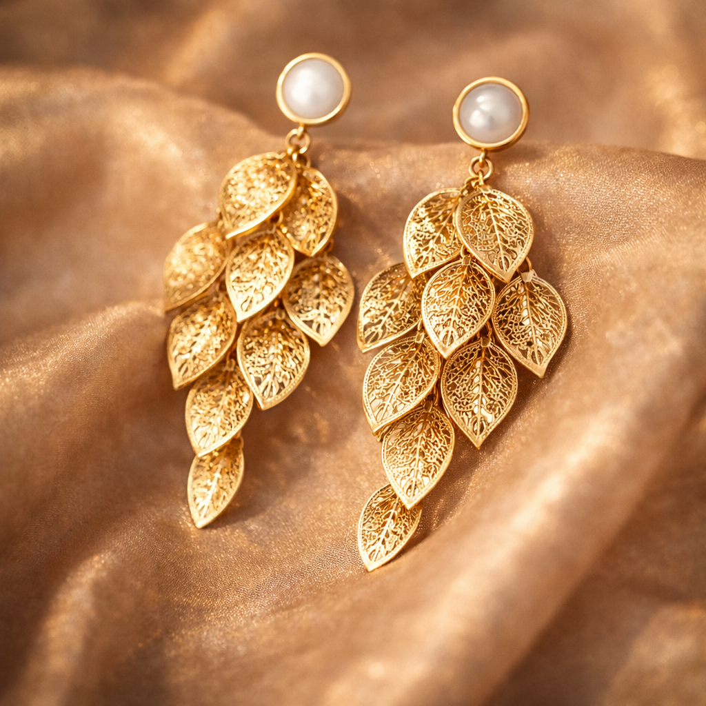 Luxury Gold Leaf Cascade Drop Earrings for Women | Elegant Statement Earrings