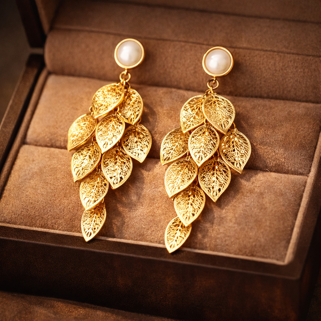 Luxury Gold Leaf Cascade Drop Earrings for Women | Elegant Statement Earrings