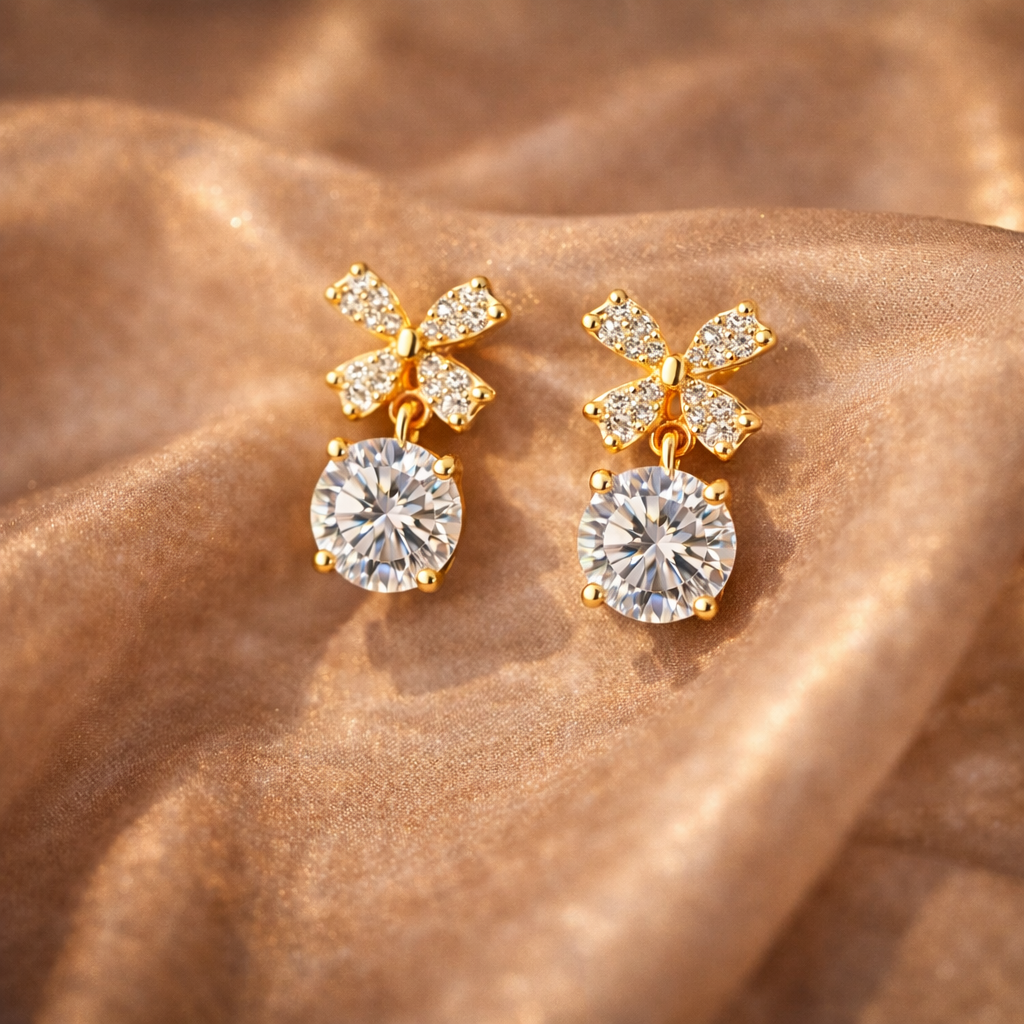 Luxury Crystal Bow Stud Earrings for Women | Gold Zircon Elegant Earrings