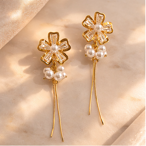Luxury Pearl Floral Drop Earrings for Women | Gold Statement Flower Earrings
