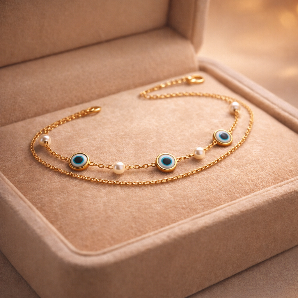 Gold Evil Eye Pearl Bracelet  Protective Charm Dainty Bracelet for Women