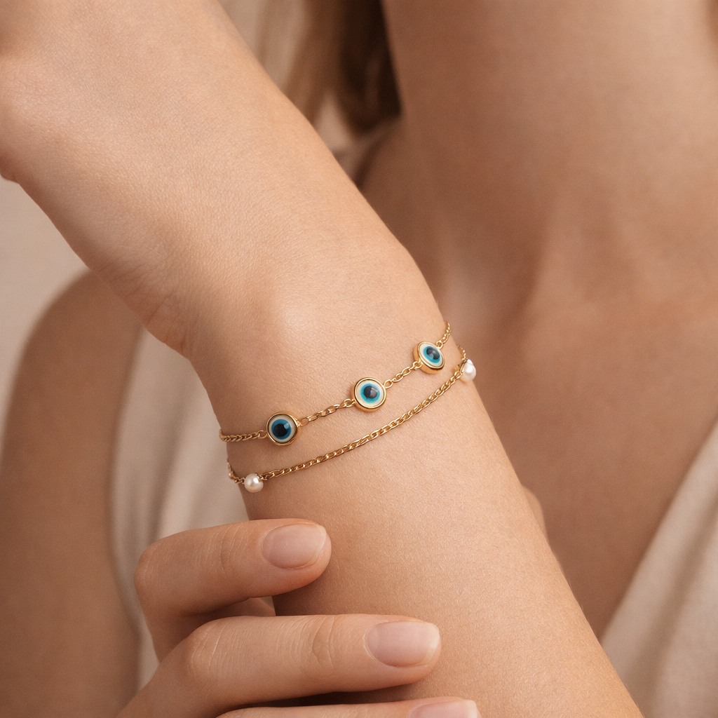 Gold Evil Eye Pearl Bracelet  Protective Charm Dainty Bracelet for Women
