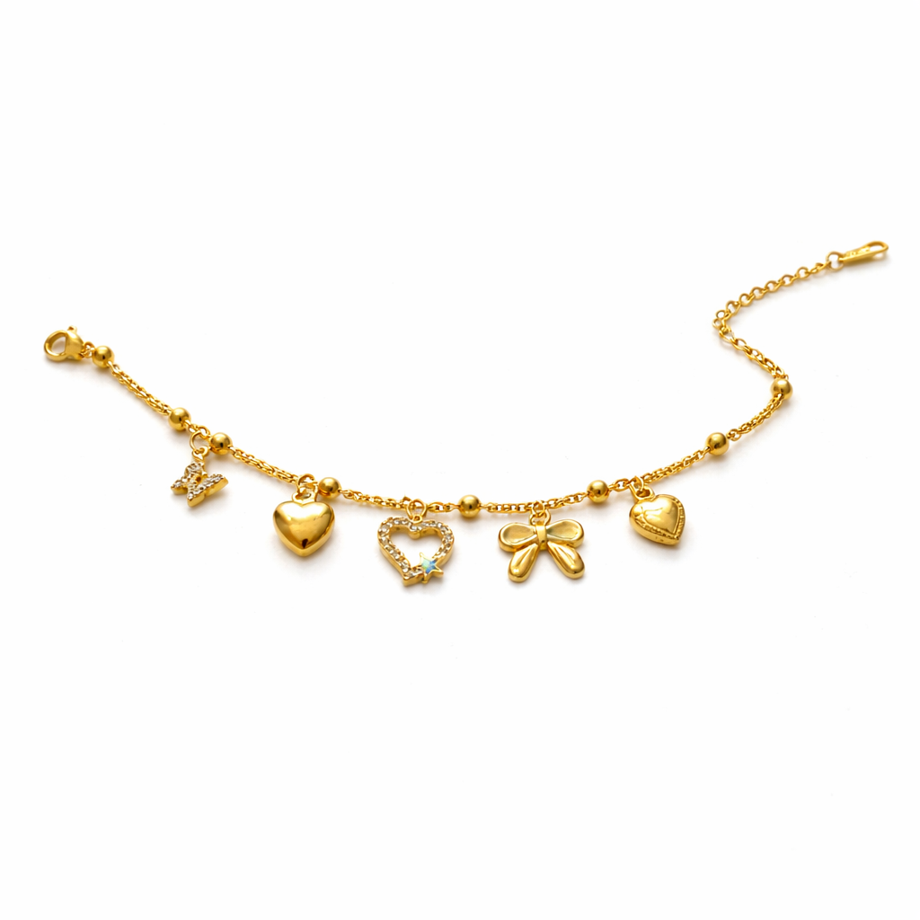 Gold Charm Bracelet with Heart & Bow Design | Cute Dainty Charm Bracelet for Women