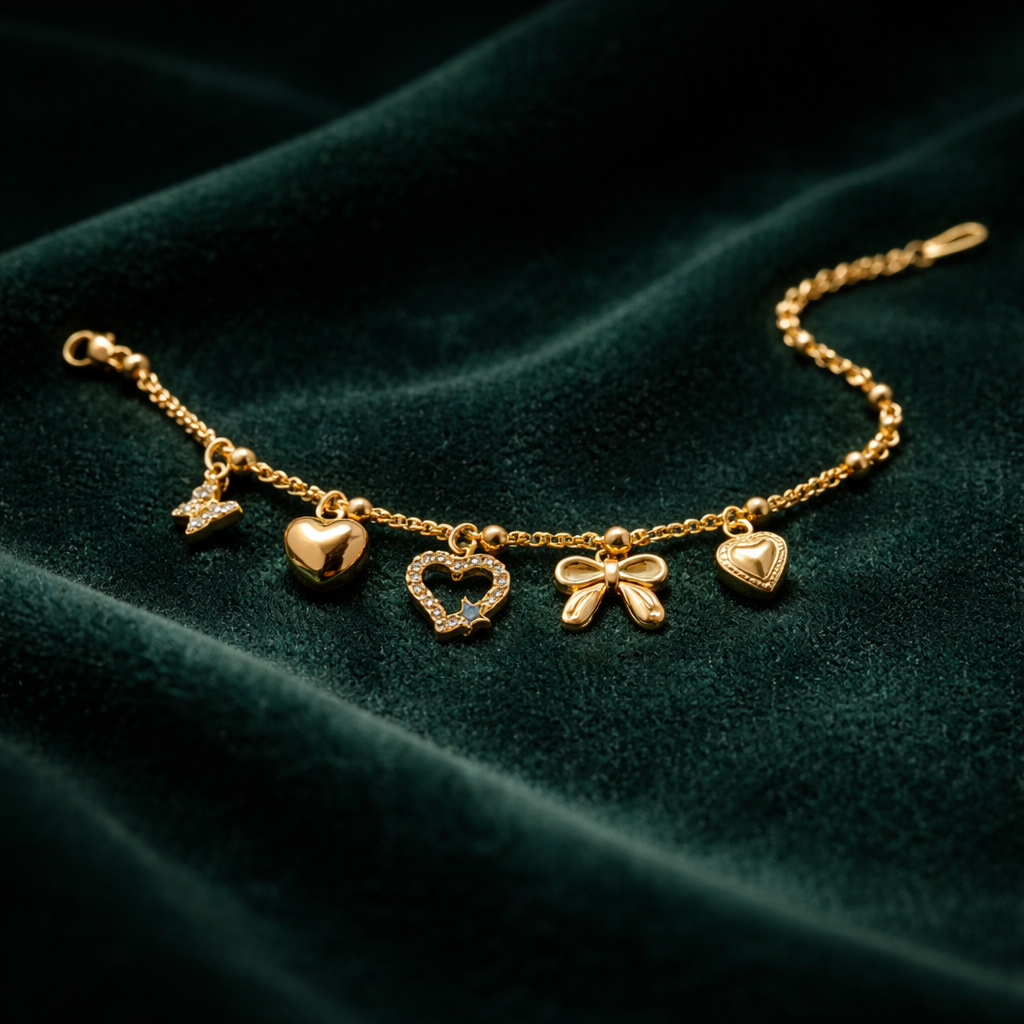 Gold Charm Bracelet with Heart & Bow Design | Cute Dainty Charm Bracelet for Women
