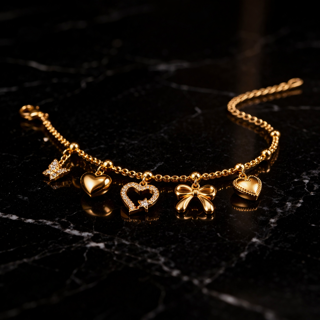 Gold Charm Bracelet with Heart & Bow Design | Cute Dainty Charm Bracelet for Women