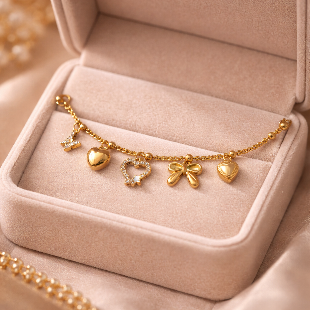 Gold Charm Bracelet with Heart & Bow Design | Cute Dainty Charm Bracelet for Women