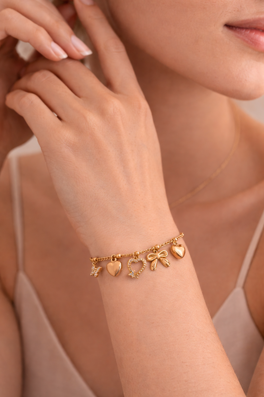 Gold Charm Bracelet with Heart & Bow Design | Cute Dainty Charm Bracelet for Women