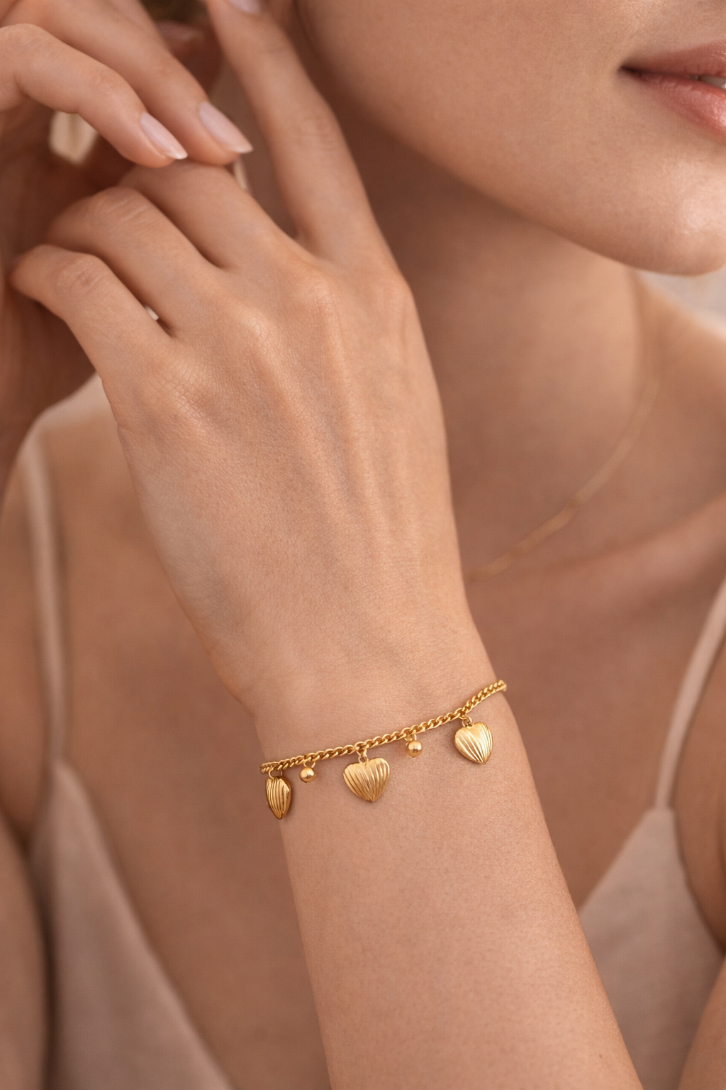 Gold Heart Charm Bracelet for Women | Minimal Dainty Chain Bracelet with Dangling Hearts