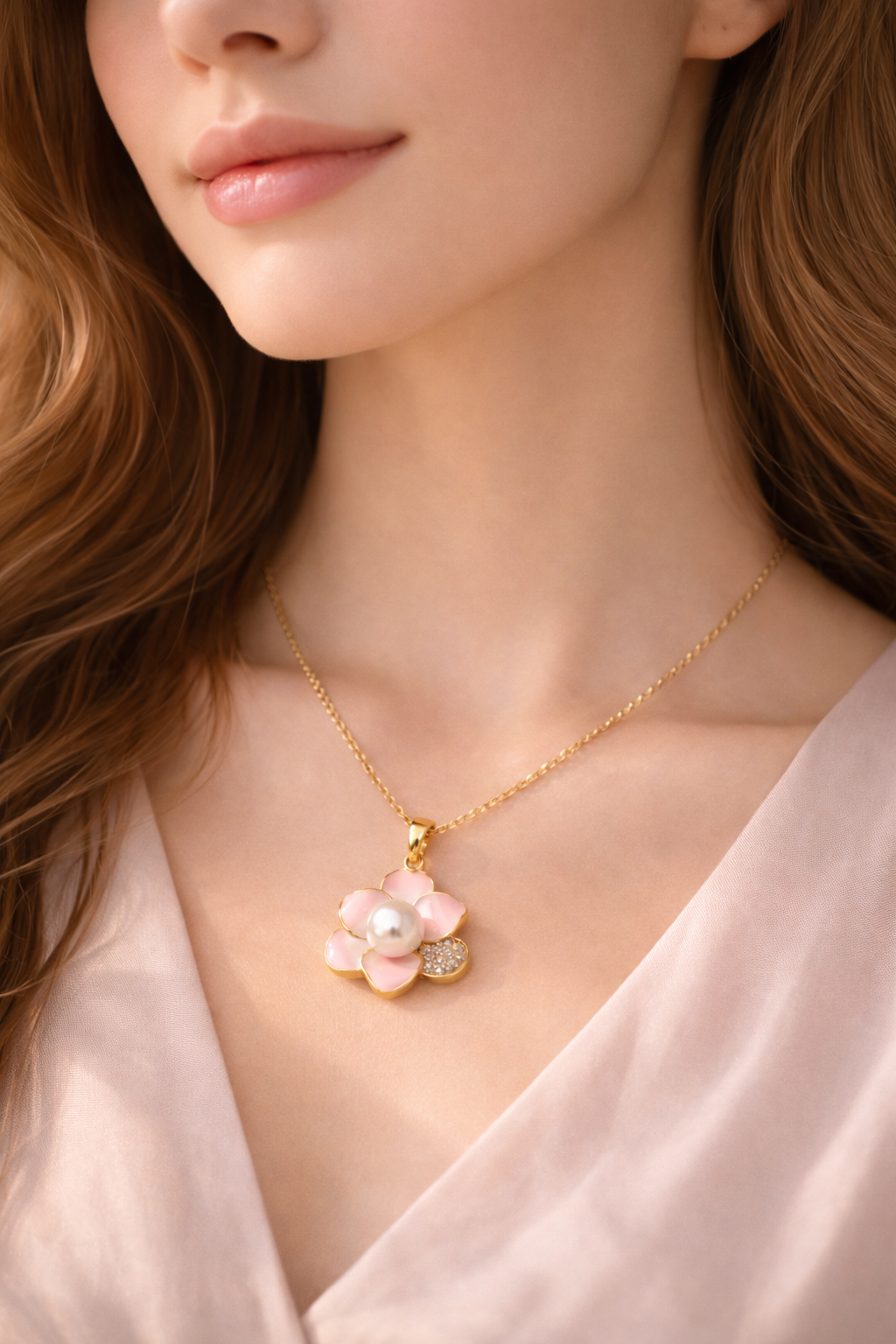 Floral Pearl Pendant Necklace | Gold Plated Flower Charm Necklace (Pink & Blue Variants)