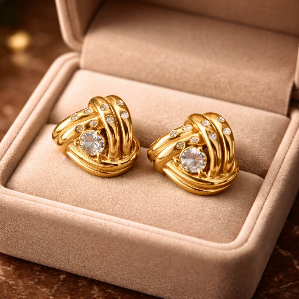 Gold earrings with gemstones in a jewelry box
