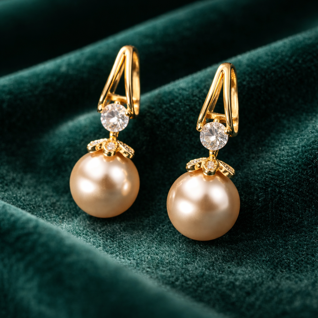 Gold earrings with pearls and diamonds on a green fabric background