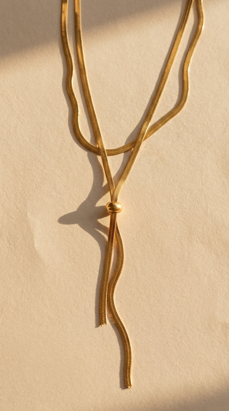 Gold necklace on a beige background
