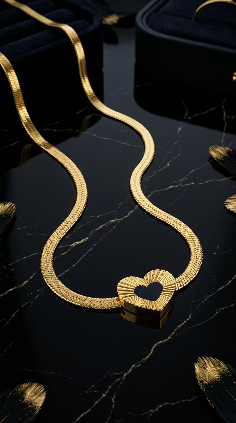 Gold necklace with a heart-shaped clasp on a black marble surface