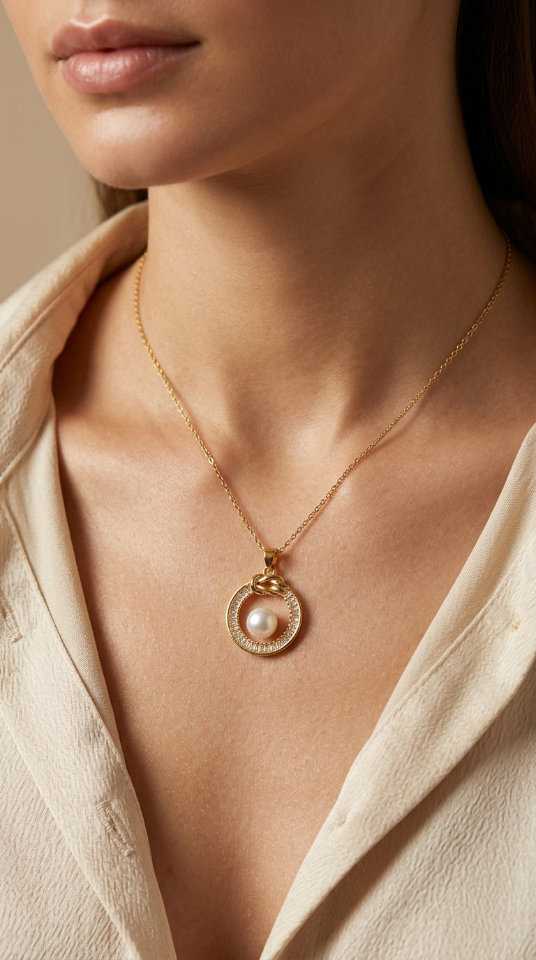 Gold necklace with a pearl pendant worn by a person in a beige outfit.