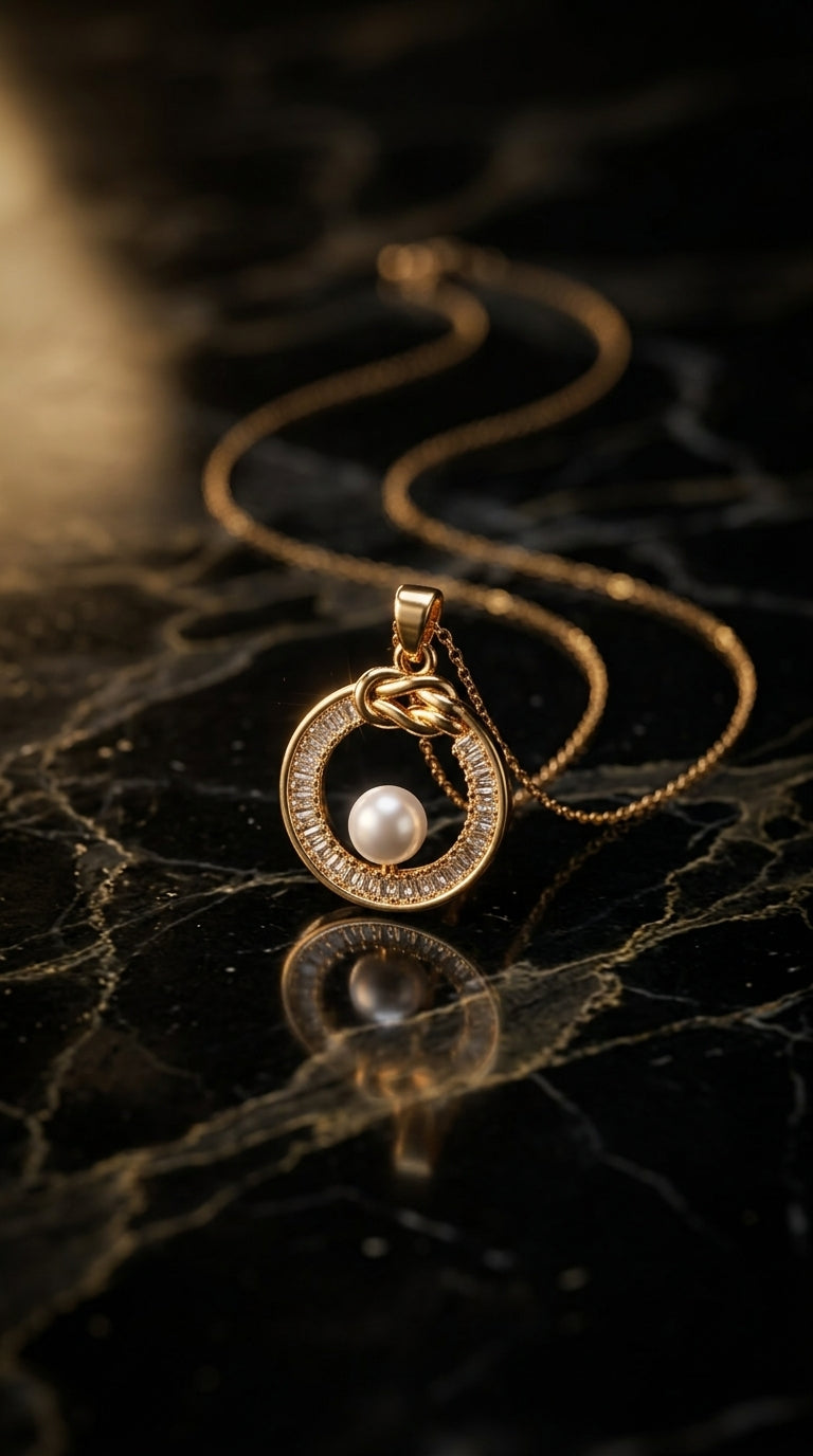 Gold necklace with a pendant featuring a pearl on a dark marble surface