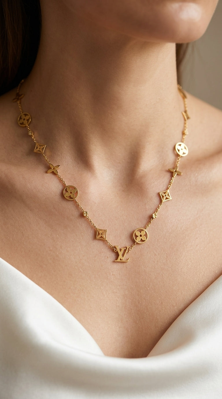 Gold necklace with brand logo worn by a person against a neutral background