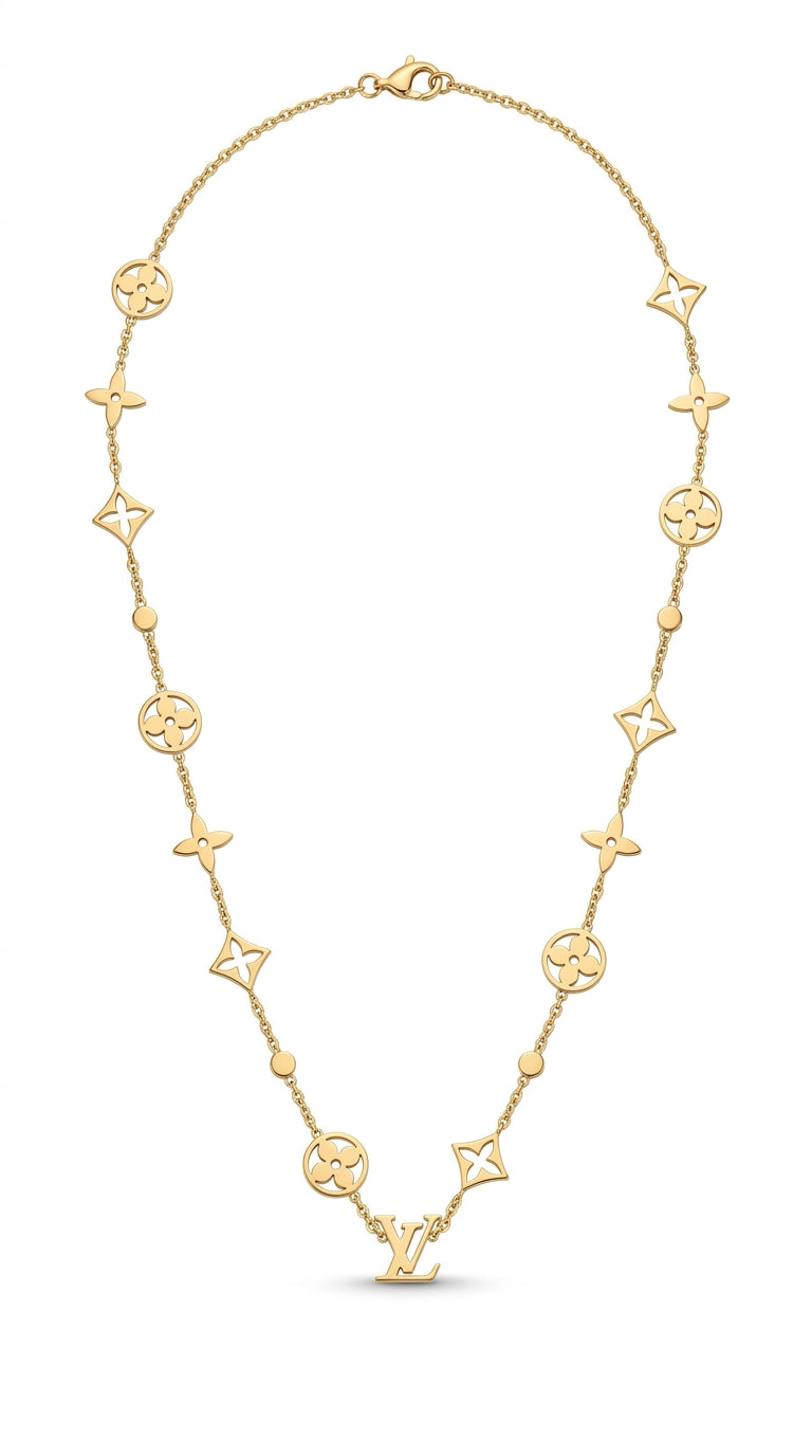 Gold necklace with star and circle patterns on a white background