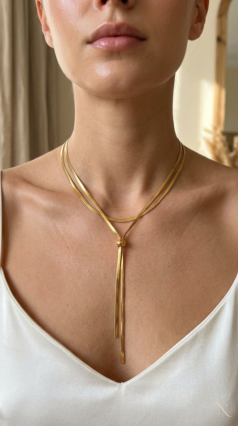 Gold necklace worn by a person with a neutral background
