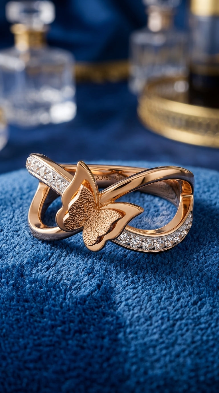 Gold ring with butterfly design on a blue fabric background