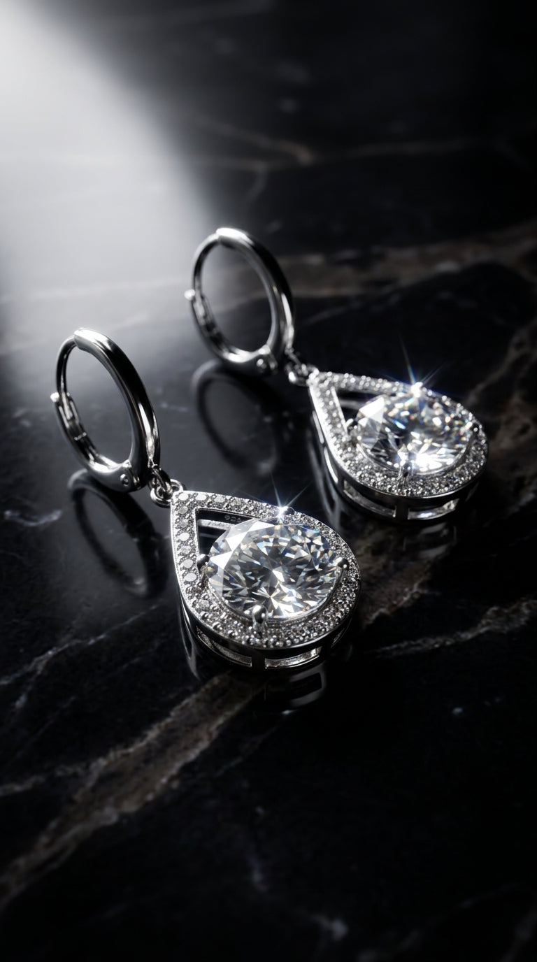 Pair of diamond earrings on a dark marble surface