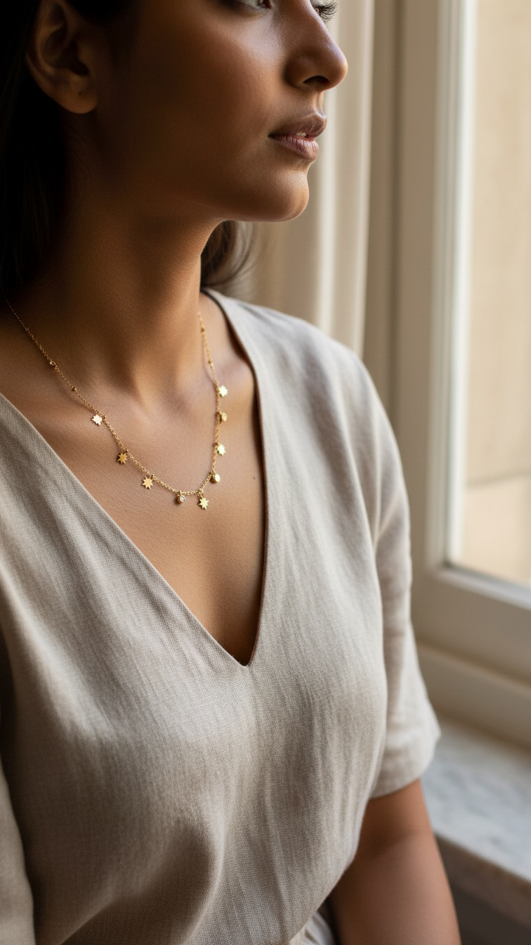 Celestial Star Charm Gold Necklace | Dainty Sunburst & Crystal Chain Necklace for Women