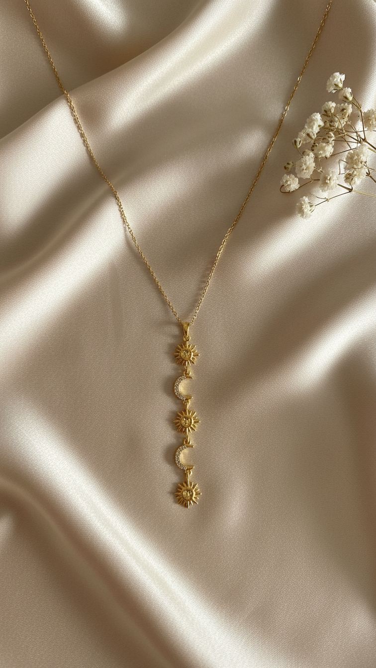Celestial Sun & Moon Charm Necklace | Gold Layered Pendant Necklace for Women