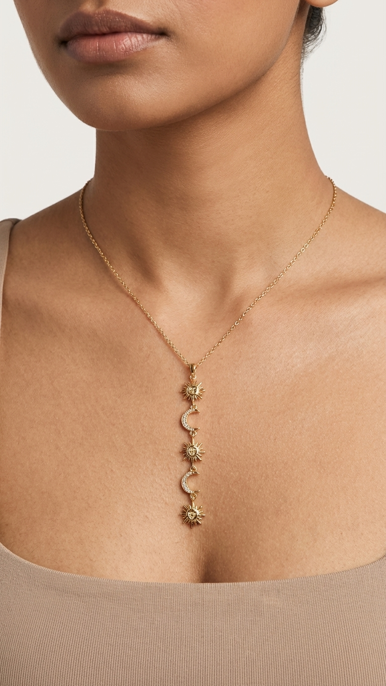 Celestial Sun & Moon Charm Necklace | Gold Layered Pendant Necklace for Women