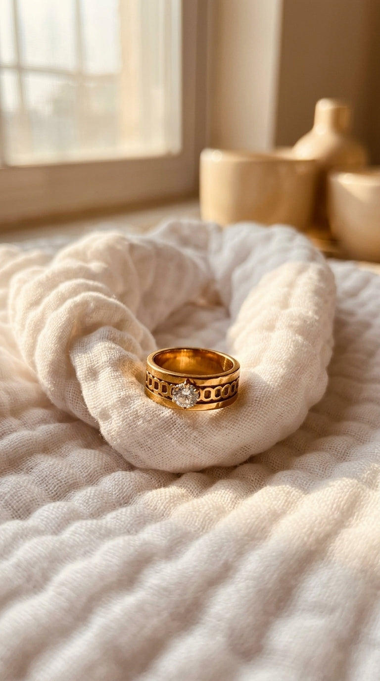 Gold ring on a person's finger with a neutral background