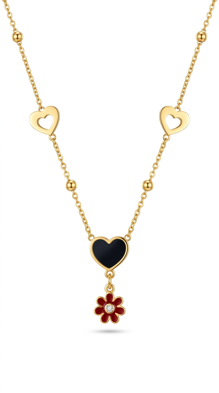 Veloura Heart Charm Gold Chain Necklace with Floral Drop