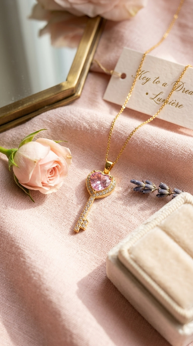 Elegant Heart Key Pendant Necklace with Pink Crystal | Gold Plated Minimal Jewelry