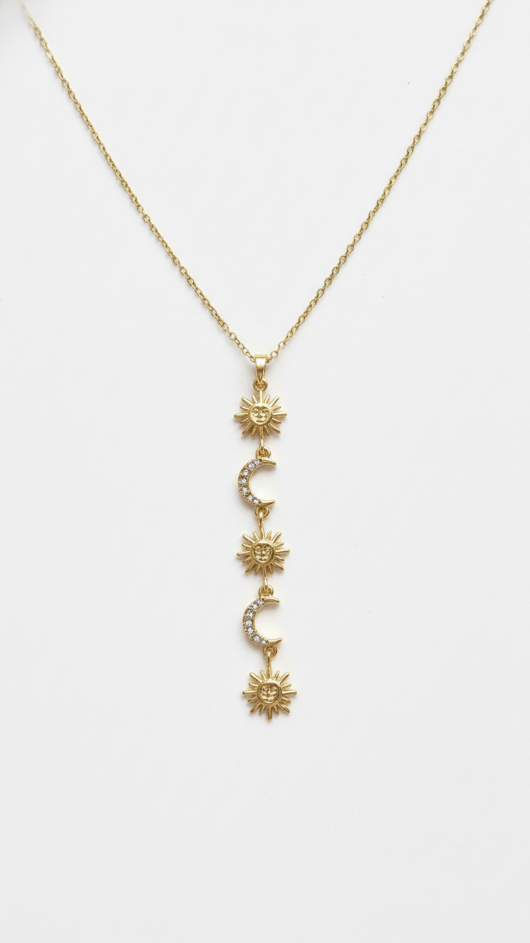 Celestial Sun & Moon Charm Necklace | Gold Layered Pendant Necklace for Women