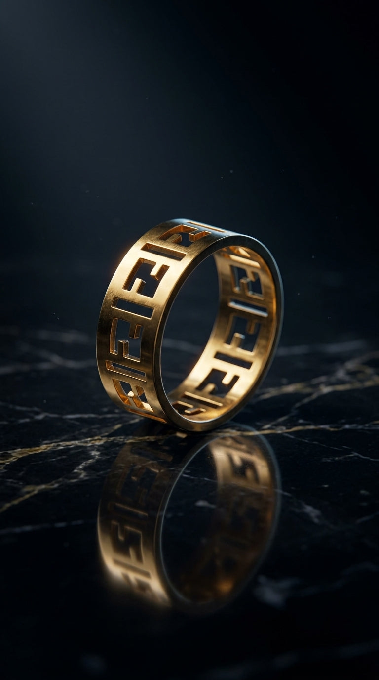Gold ring with a reflective surface on a dark marble background