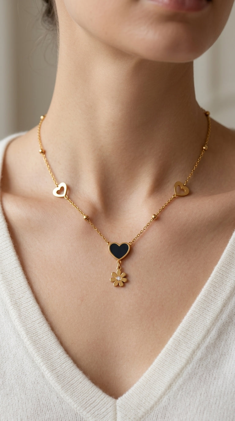 Veloura Heart Charm Gold Chain Necklace with Floral Drop