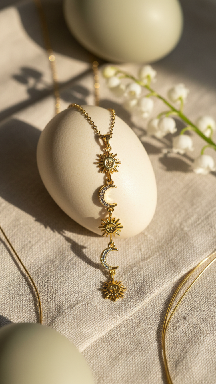 Celestial Sun & Moon Charm Necklace | Gold Layered Pendant Necklace for Women