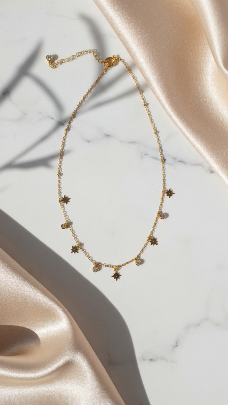 Celestial Star Charm Gold Necklace | Dainty Sunburst & Crystal Chain Necklace for Women